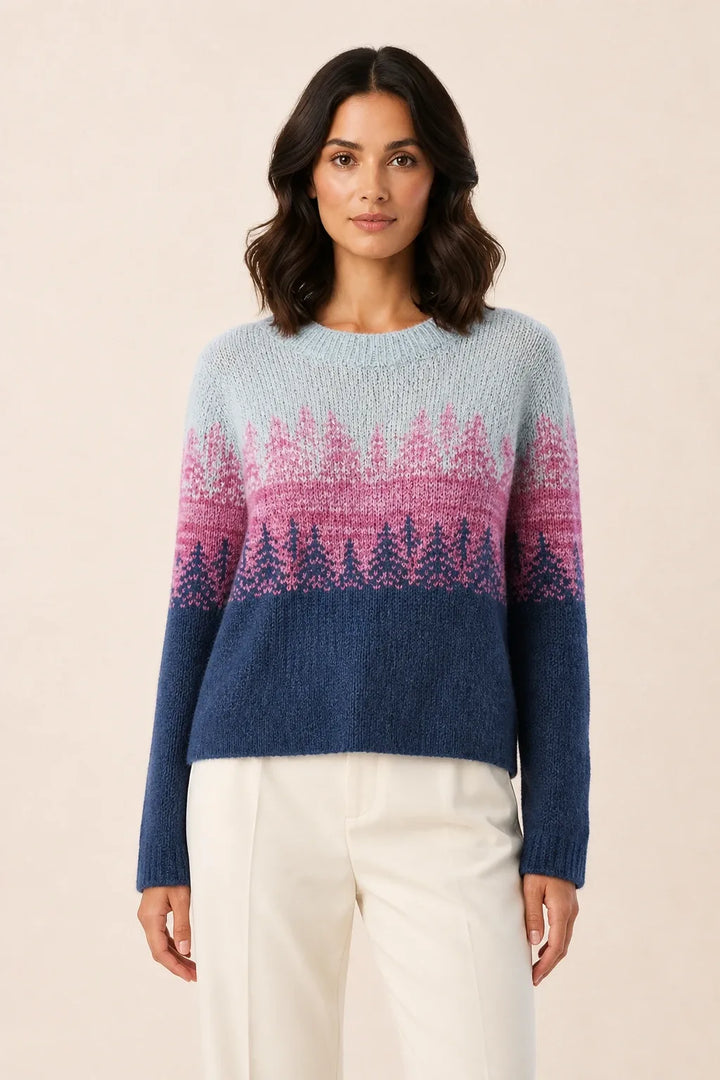 Colorblock stripe sweater in blue and pink, model in contrapposto stance