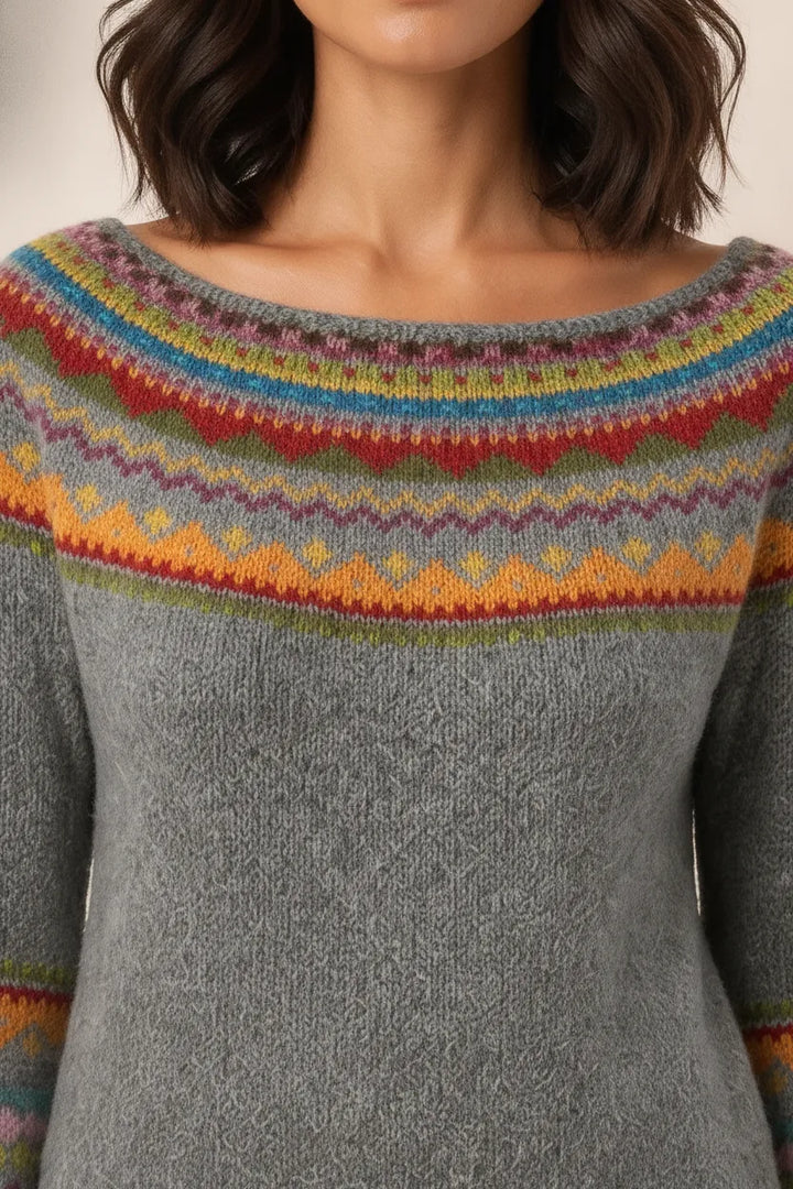 Close-up detail of a colorblock stripe sweater in gray and rainbow tones