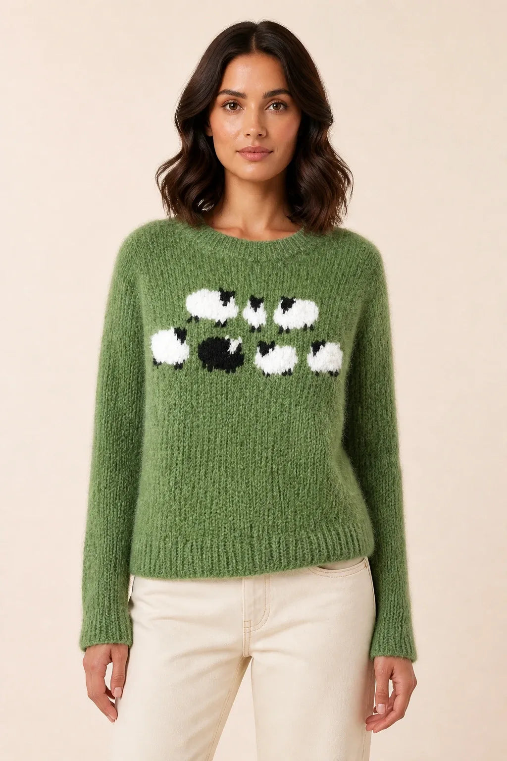 Colorblock stripe sweater in green, model in contrapposto stance