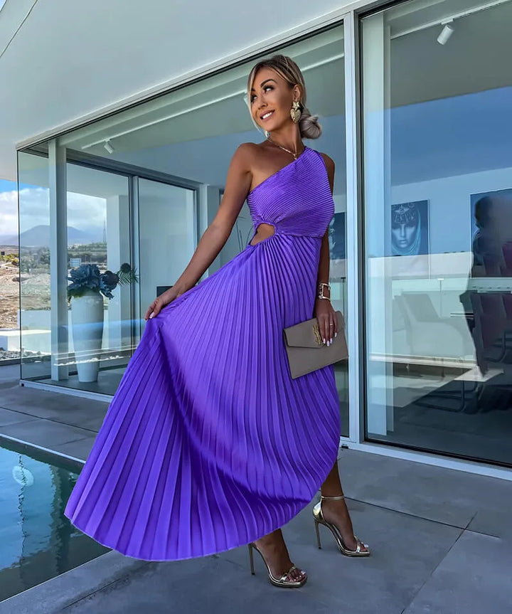 Purple pleated one-shoulder midi dress styled on model