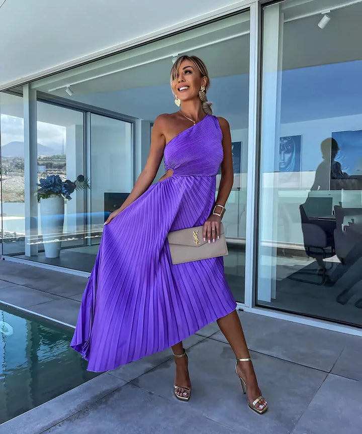 Purple pleated one-shoulder midi dress on model, full-length view