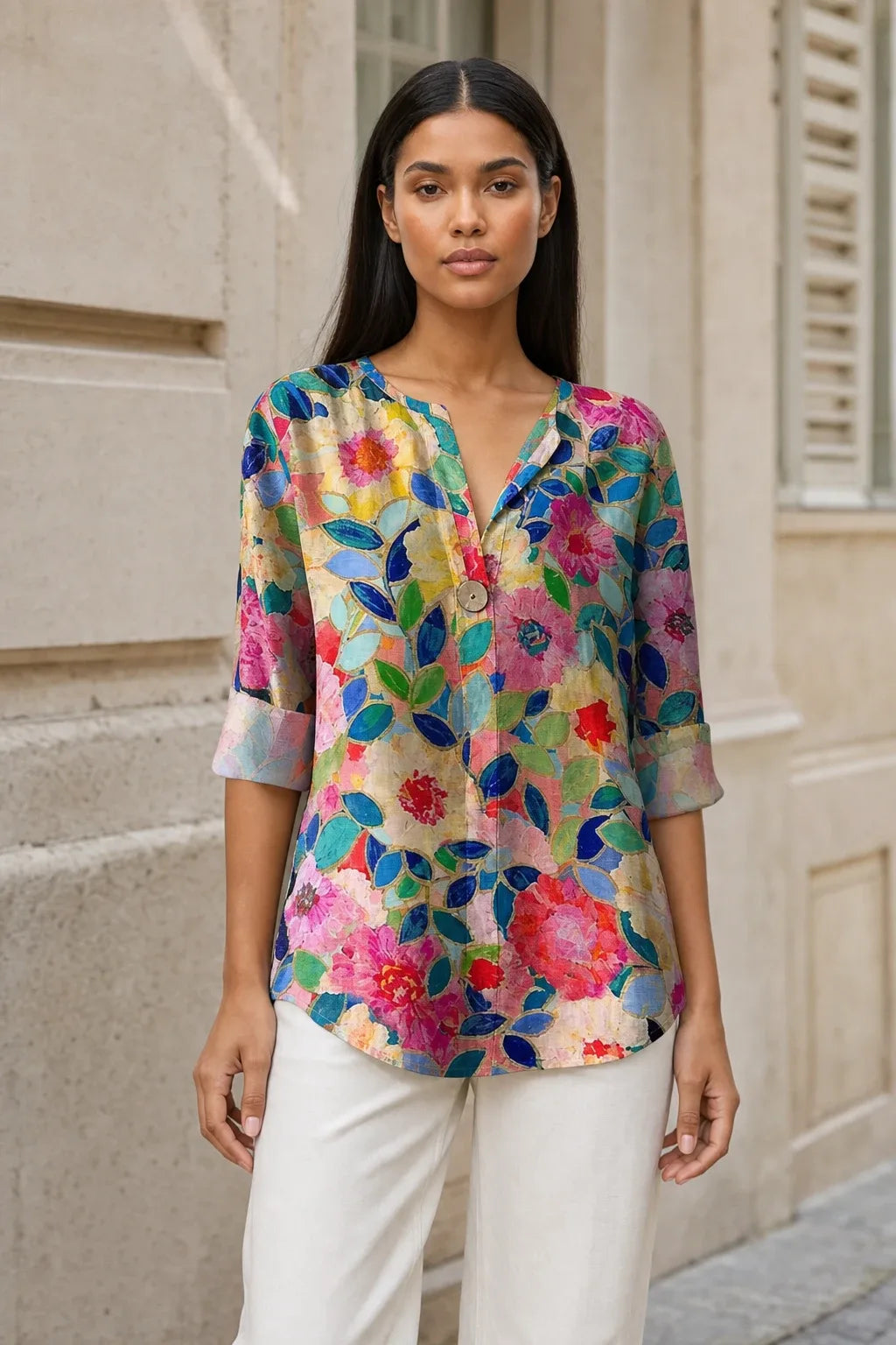 Blue floral print blouse on model in contrapposto stance