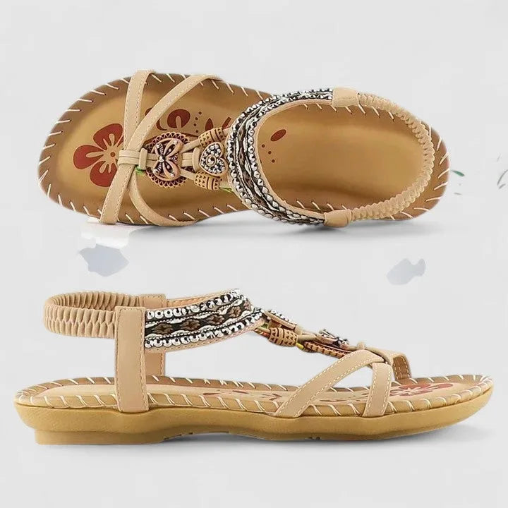 Mahogany brown beaded flat sandal with layered boho strap detailing