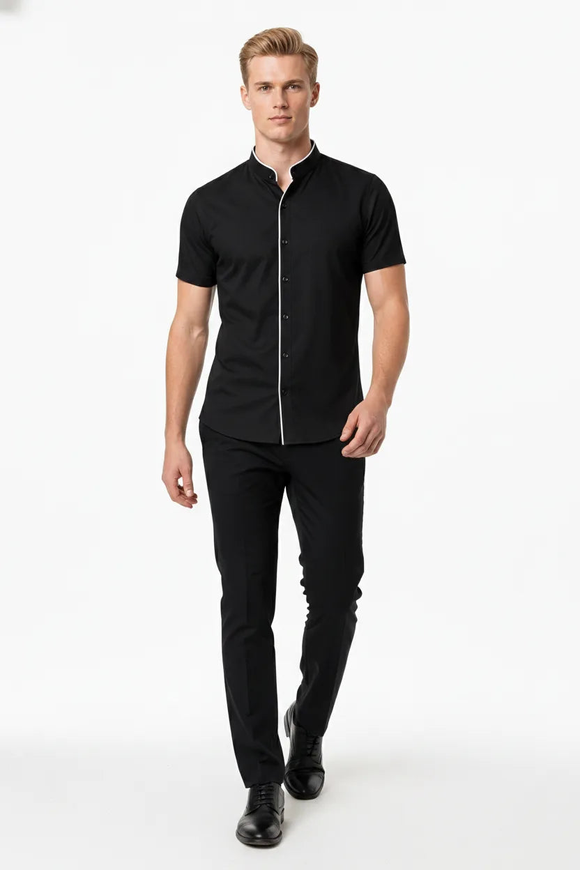 Black mandarin collar shirt with contrast trim, model in natural movement pose