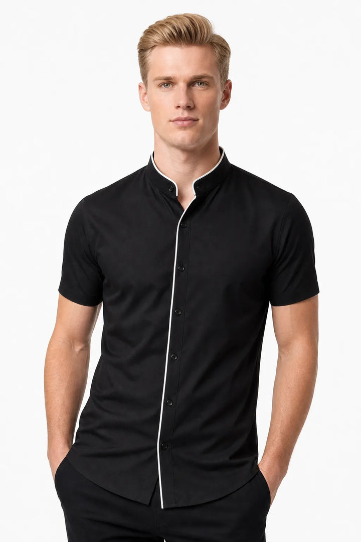 Black mandarin collar shirt with contrast trim, model in contrapposto stance