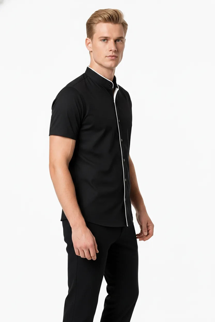 Black mandarin collar shirt with contrast trim, model at three-quarter turn