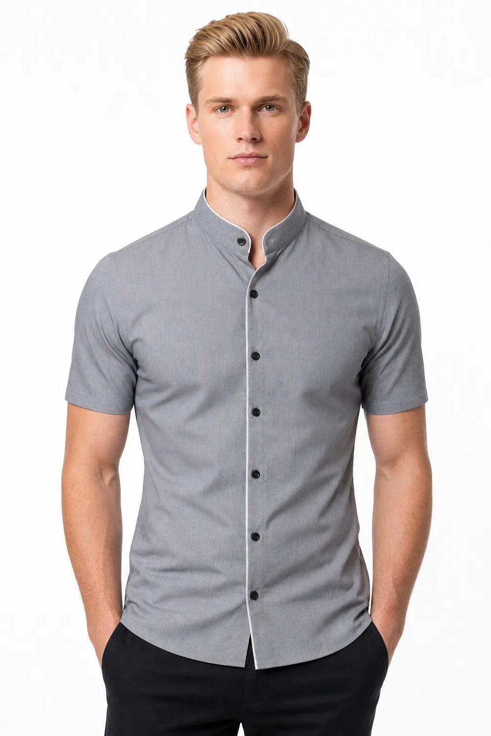 Grey mandarin collar shirt with contrast trim, model in contrapposto stance