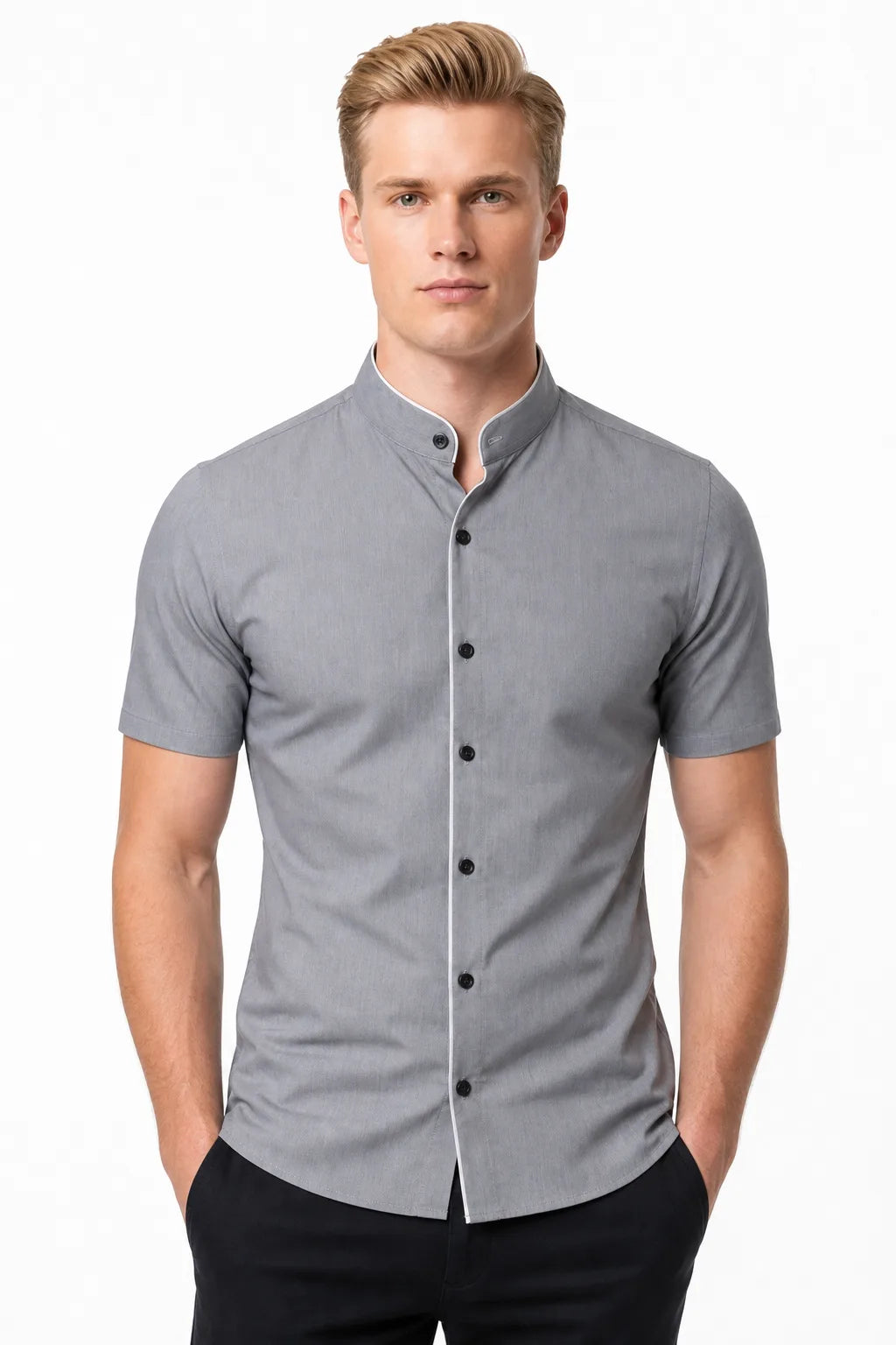 Grey mandarin collar shirt with contrast trim, model in contrapposto stance