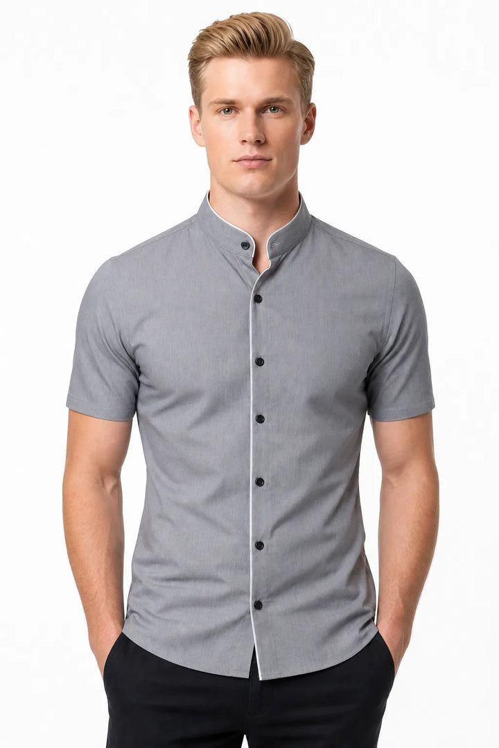 Grey mandarin collar shirt with contrast trim, model in contrapposto stance