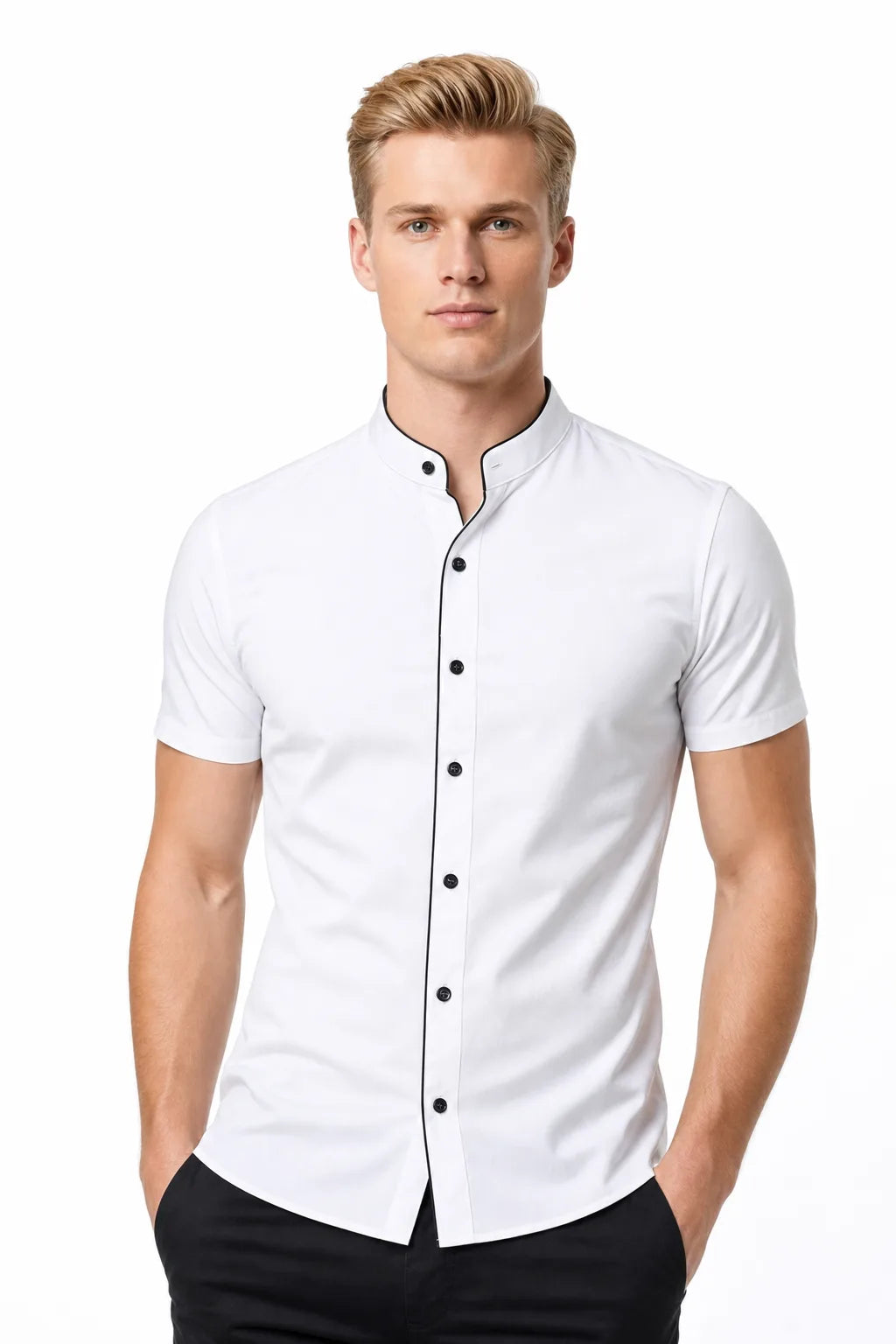 White mandarin collar shirt with contrast trim, model in contrapposto stance