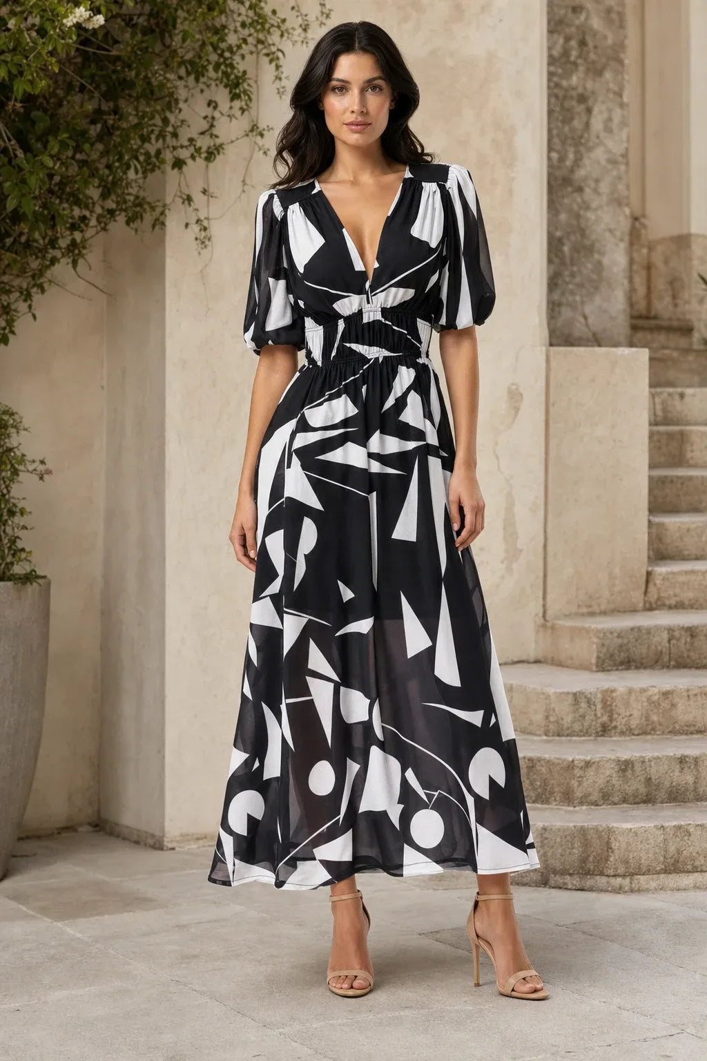 Floral Print Chiffon V-Neck Puff Sleeve A-Line Midi Dress for Women, Formal, Wedding Guest, Graduation, Cocktail and Party, Black / S