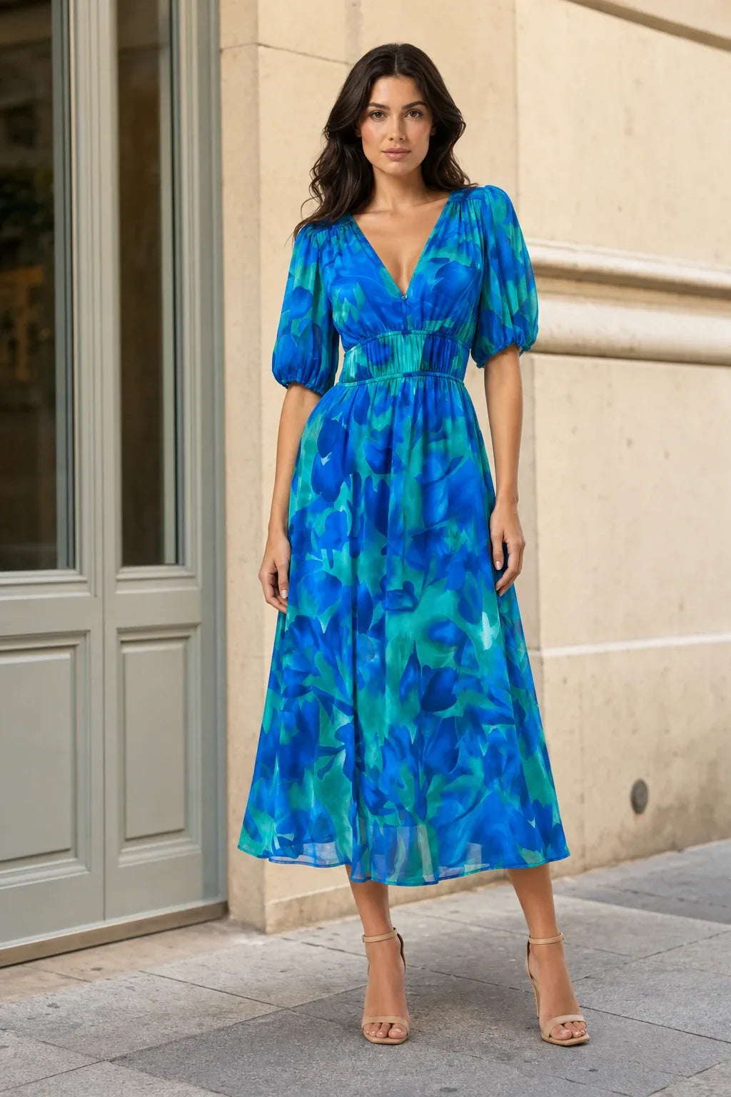 Floral Print Chiffon V-Neck Puff Sleeve A-Line Midi Dress for Women, Formal, Wedding Guest, Graduation, Cocktail and Party, Blue / S