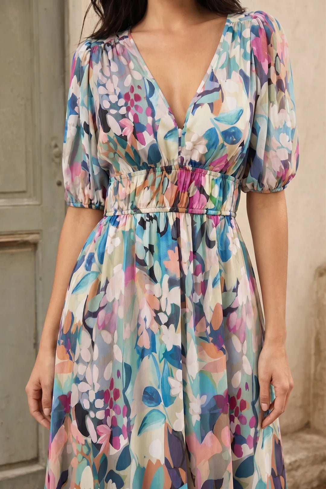 Close-up detail of a floral chiffon midi dress
