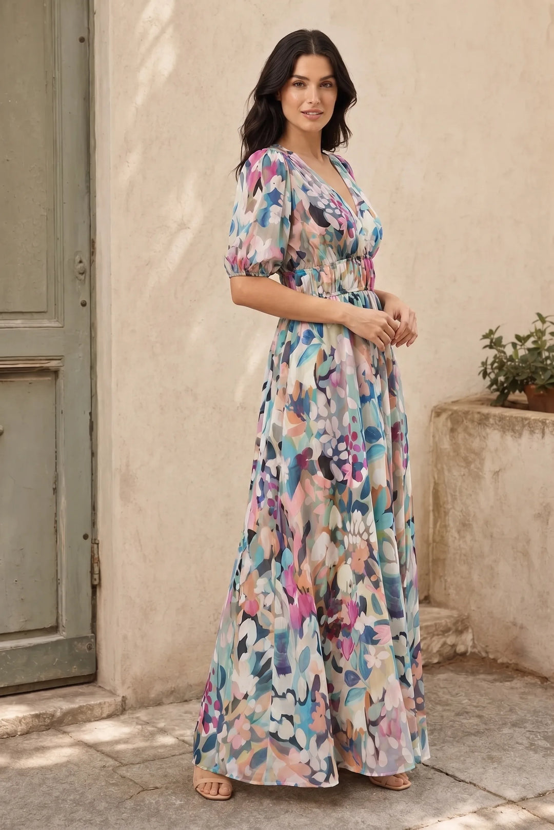 Floral chiffon midi dress on a model in a three-quarter turn