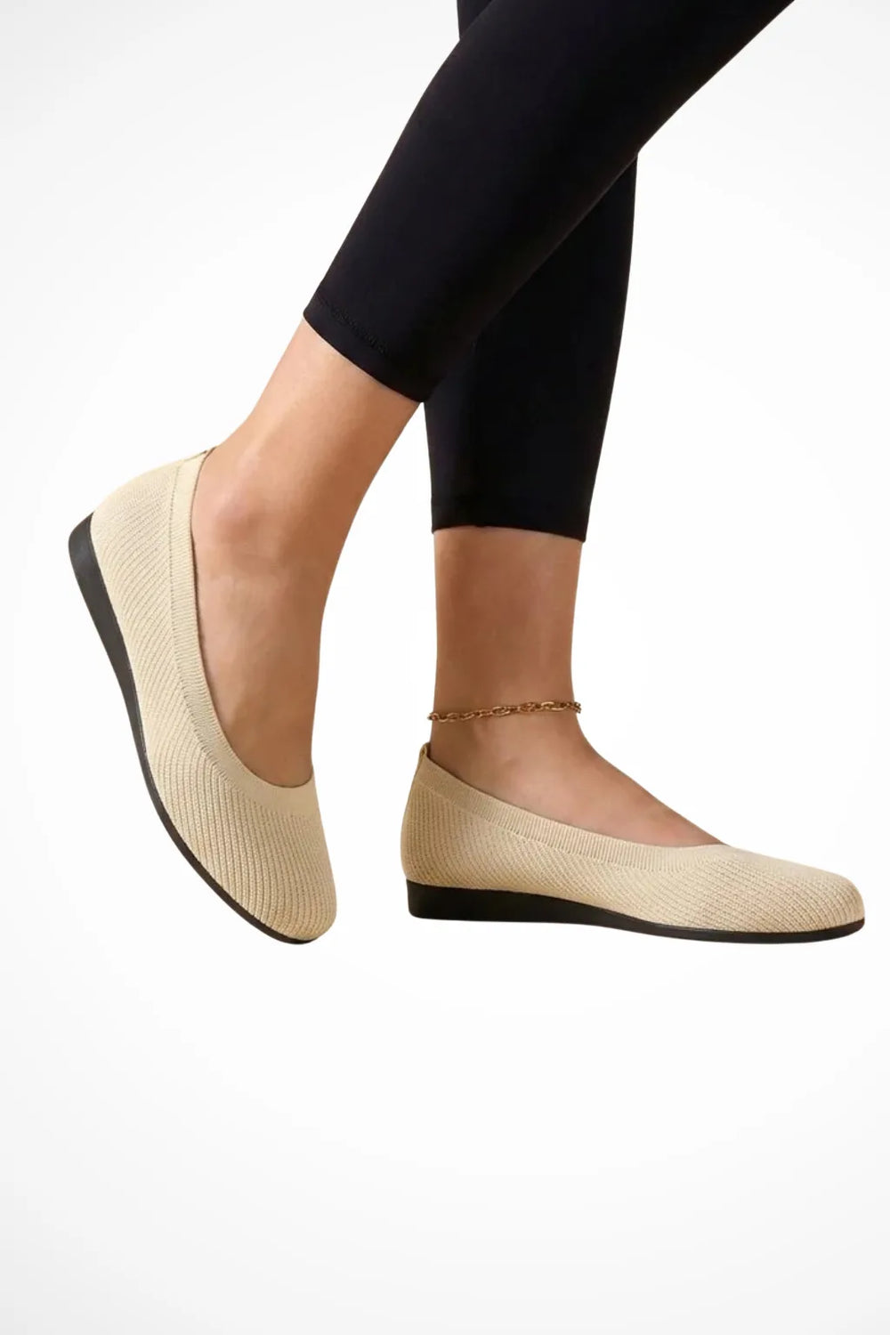 Beige knit slip-on ballet flat, front view