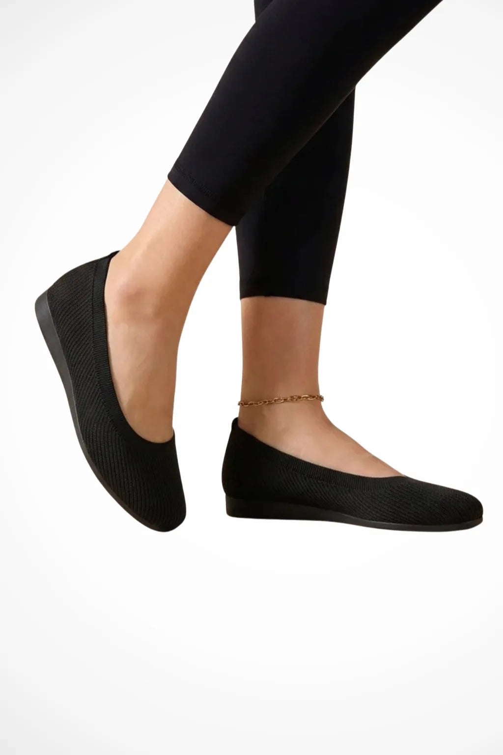 Black knit slip-on ballet flat, front view