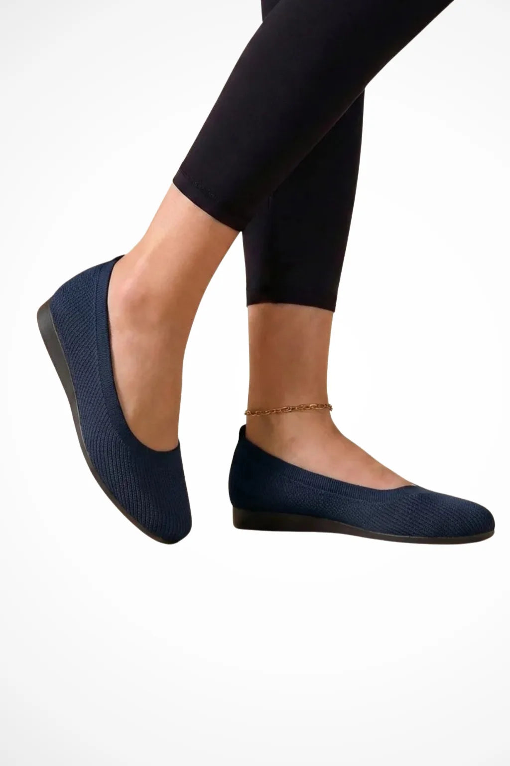 Navy blue knit slip-on ballet flat, front view