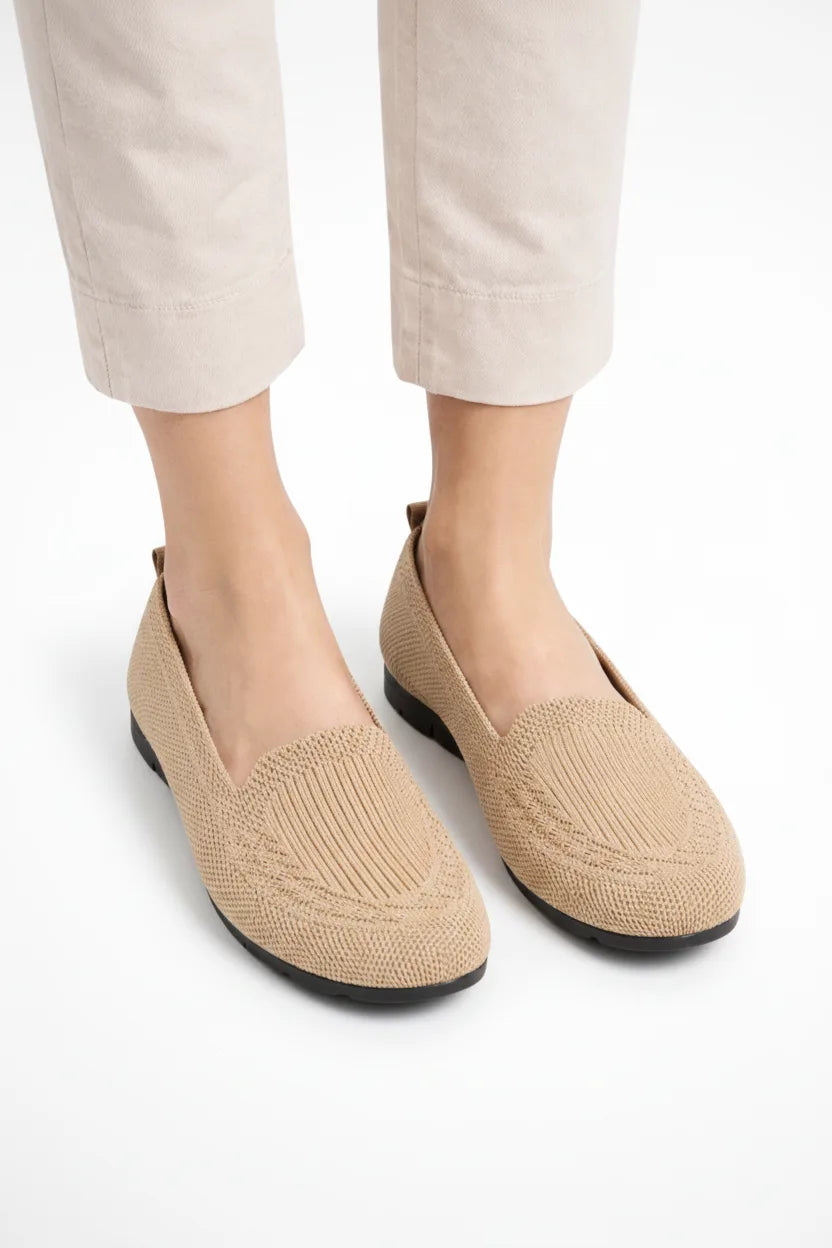 Beige knit slip-on loafer, front view