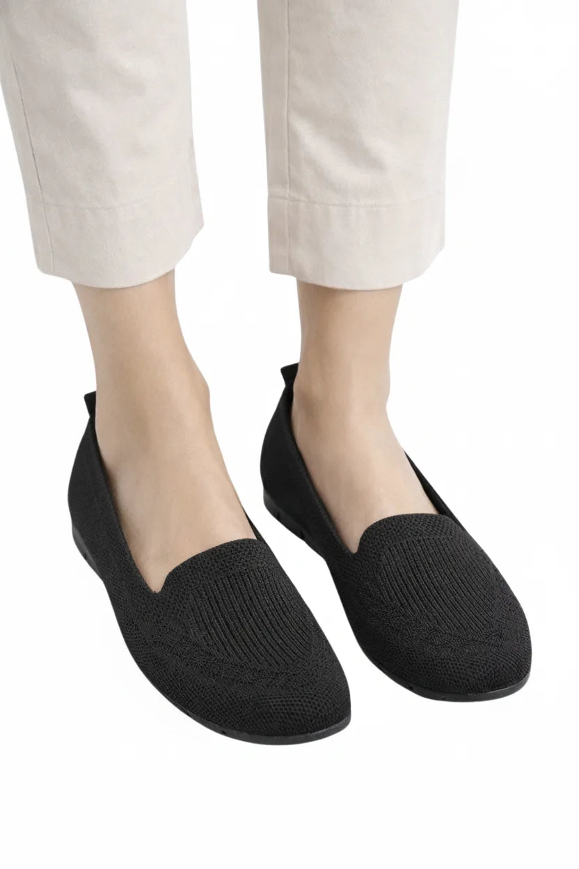 Black knit slip-on loafer, front view