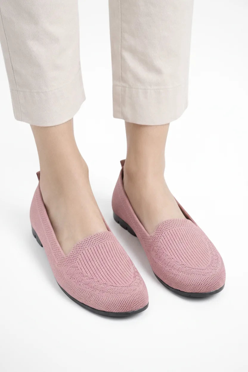 Pink knit slip-on loafer, front view