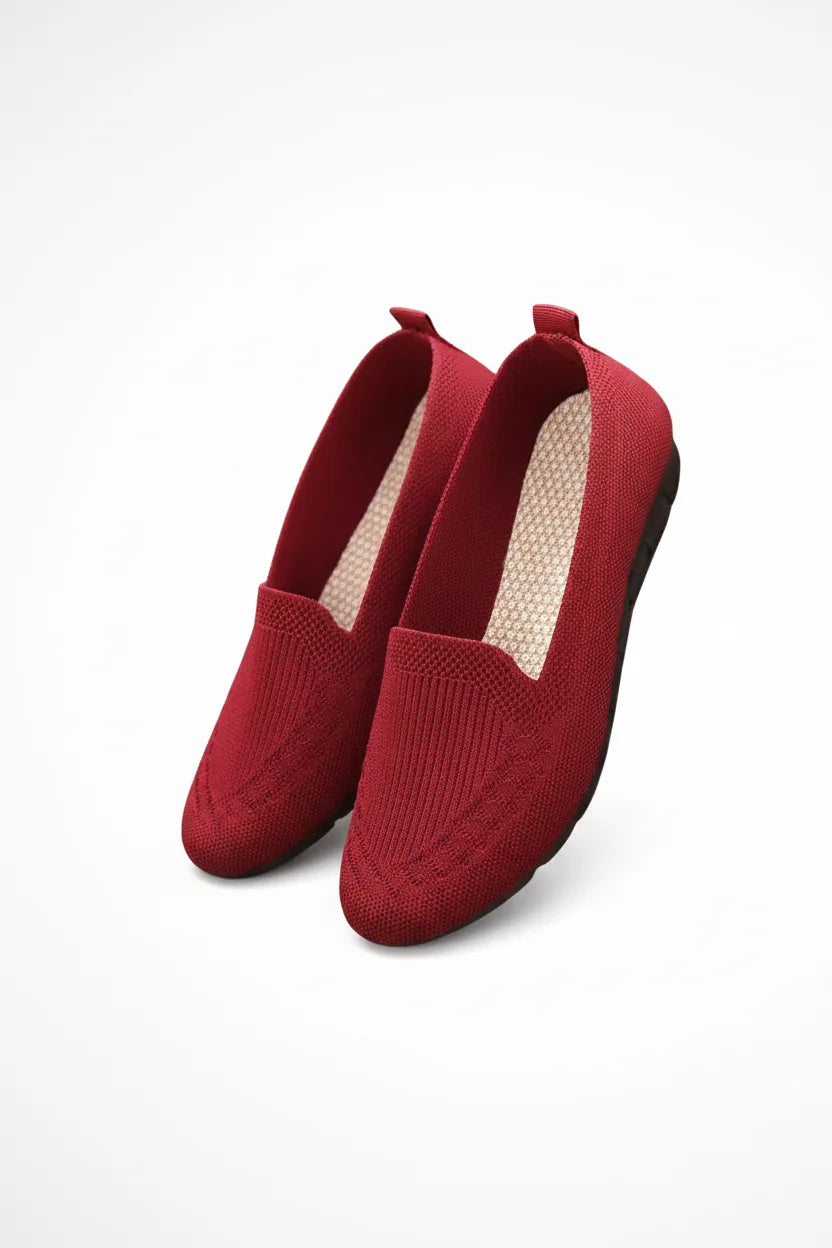 Red knit slip-on loafer, side profile view