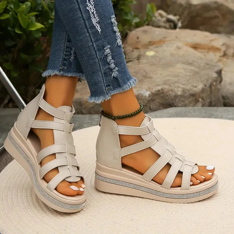 Beige rhinestone platform gladiator sandal, front view