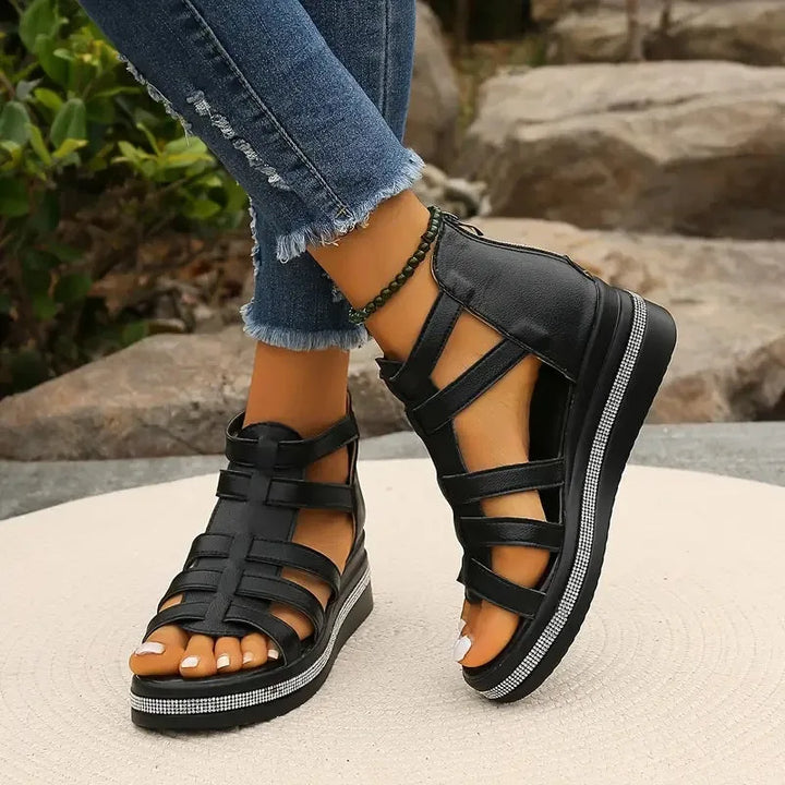 Black rhinestone platform gladiator sandal, front view