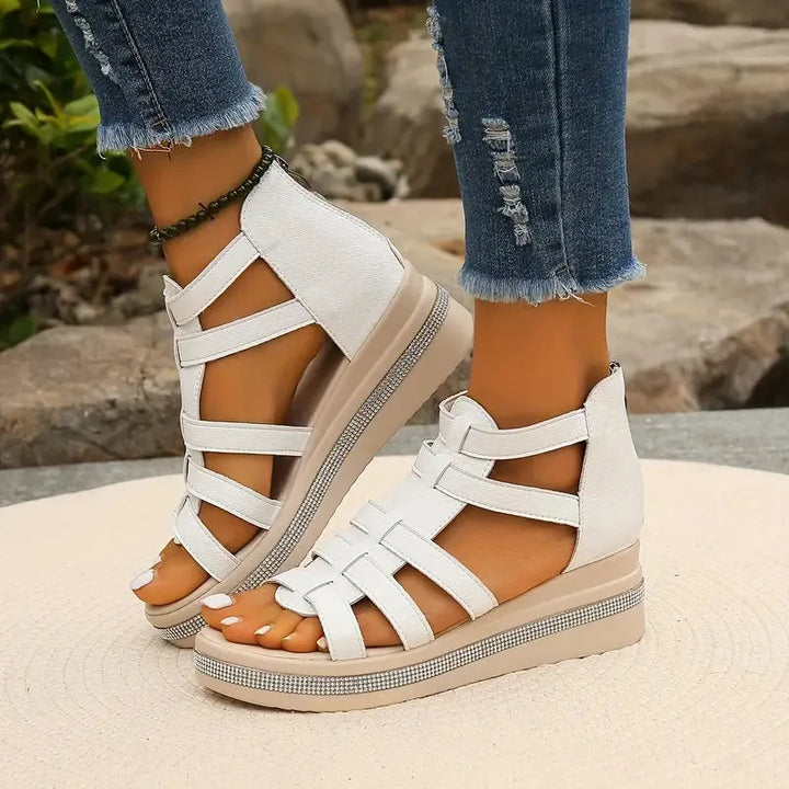 White rhinestone platform gladiator sandal, front view