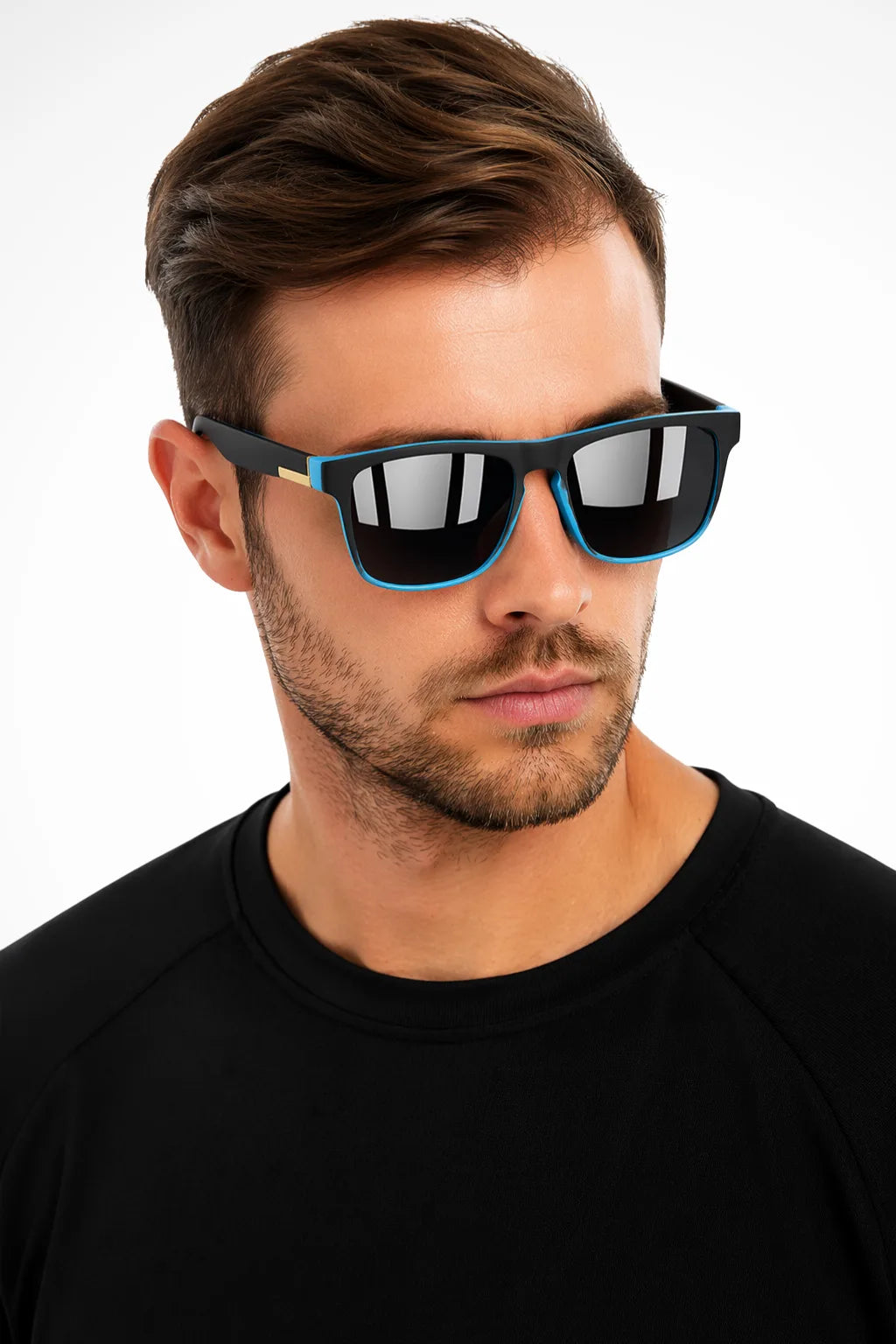 Square wayfarer sunglasses with black frames and blue mirror lenses, front view