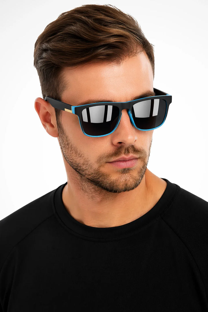 Square wayfarer sunglasses with black frames and blue mirror lenses, front view
