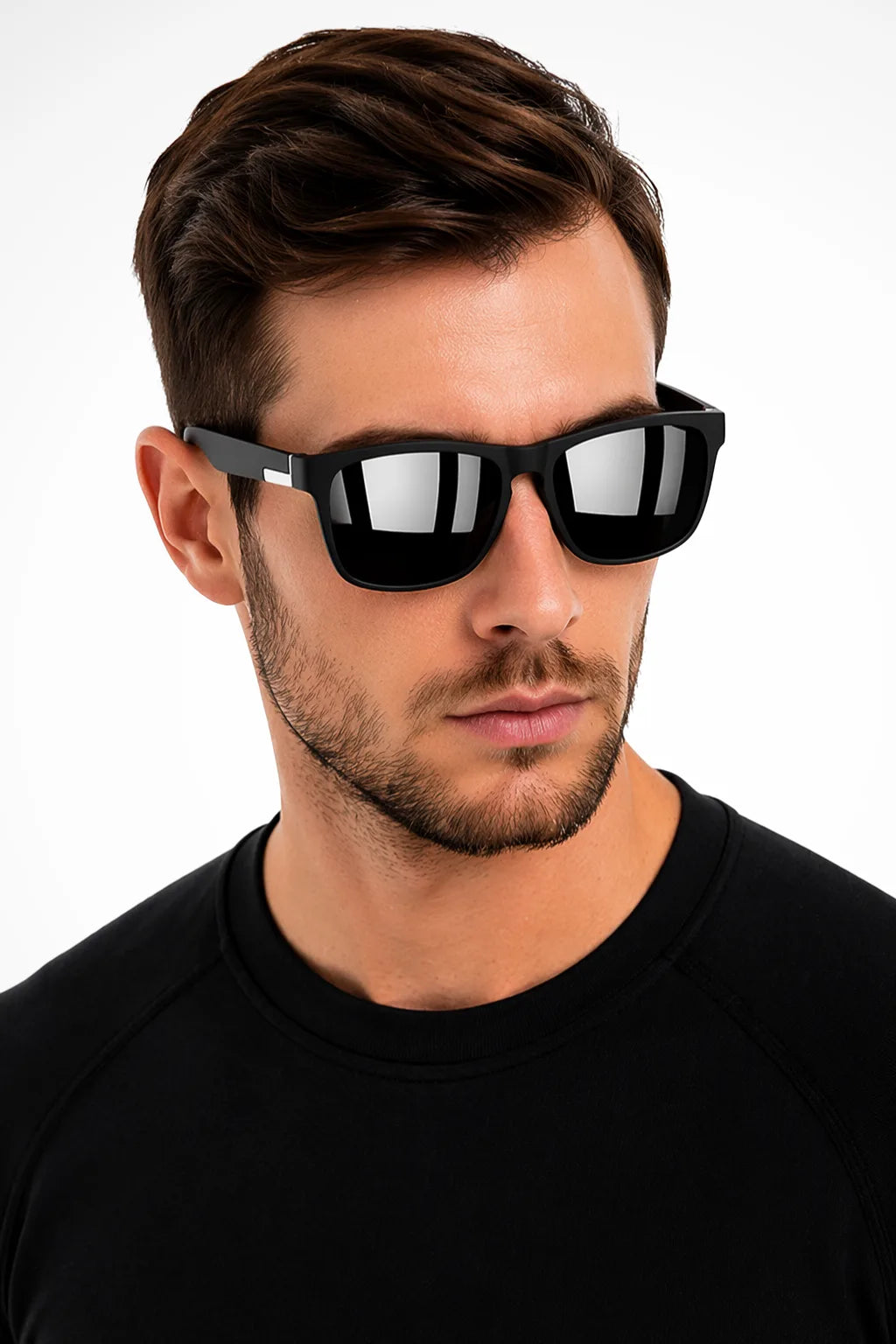 Square wayfarer sunglasses with black frames and dark mirror lenses, front view