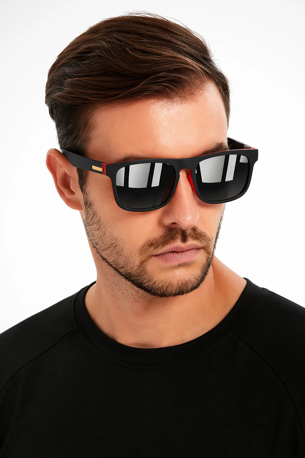 Square wayfarer sunglasses with black frames and red mirror lenses, front view