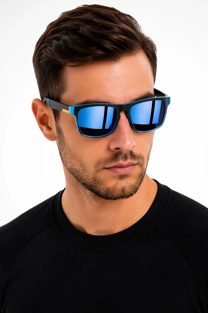 Square wayfarer sunglasses with blue mirror lenses, front view