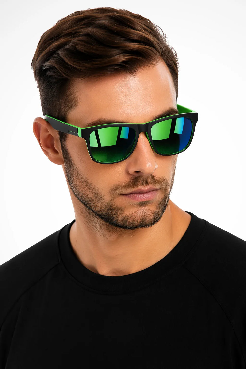 Square wayfarer sunglasses with green mirror lenses, front view