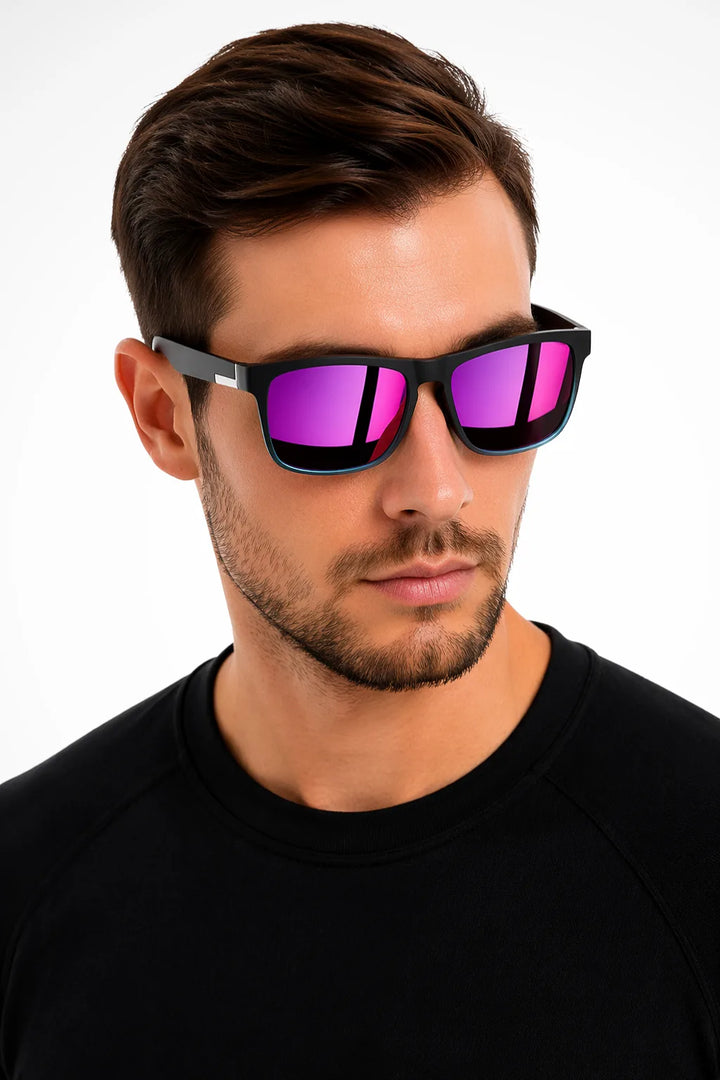 Square wayfarer sunglasses with purple mirror lenses, front view