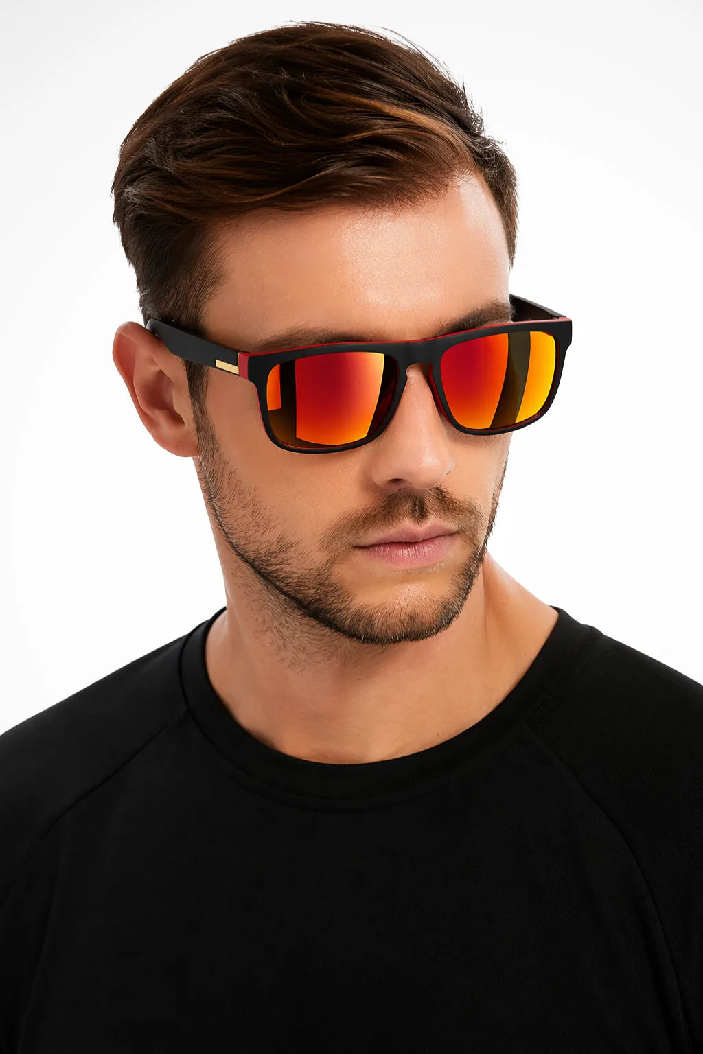 Square wayfarer sunglasses with red mirror lenses, front view