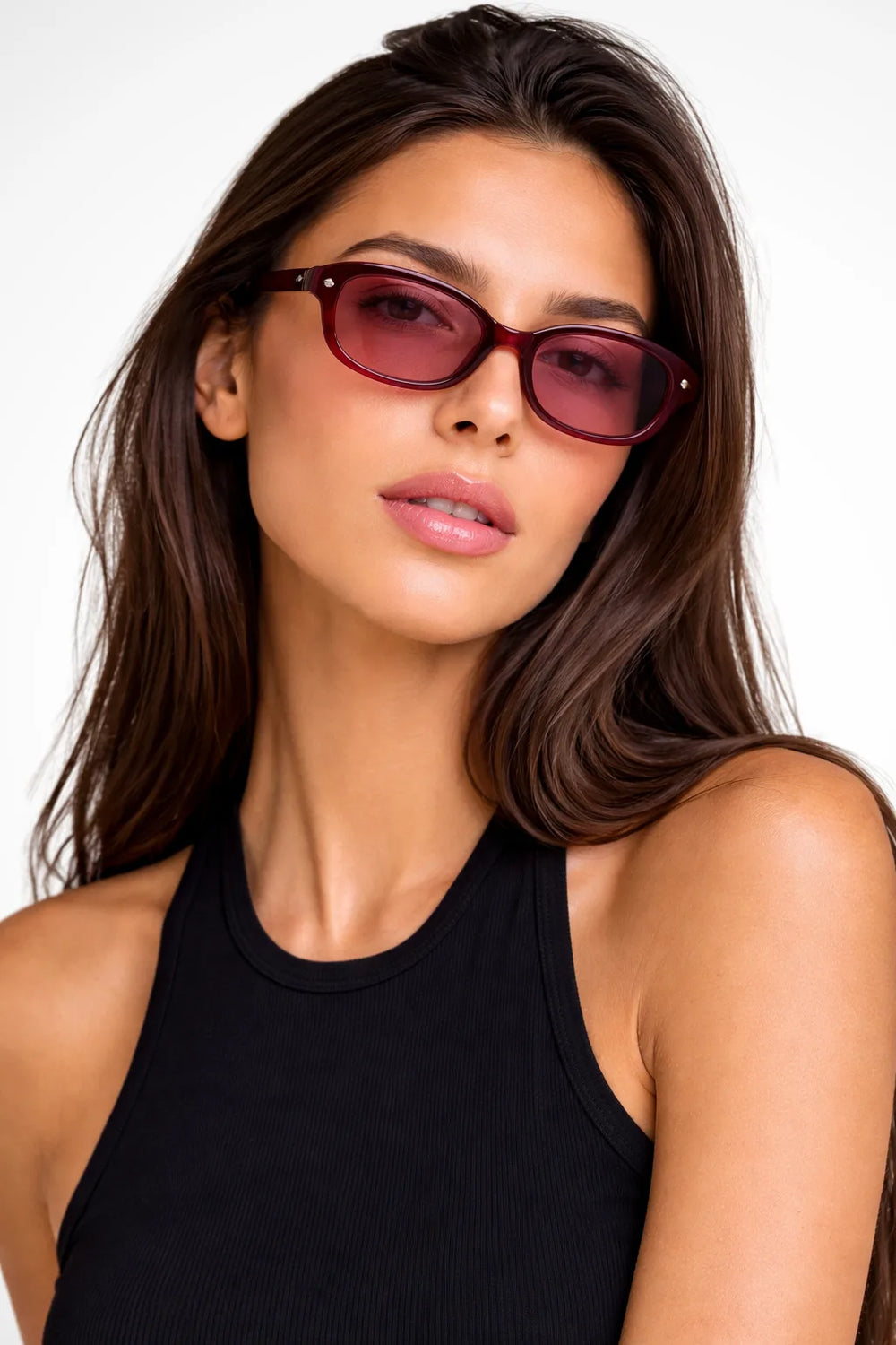 Slim red rectangular acetate glasses frames, front view