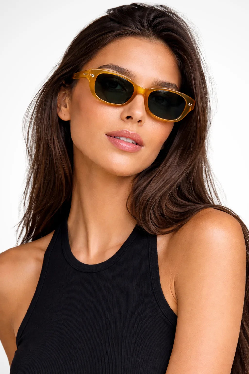 Slim yellow rectangular acetate glasses frames, front view