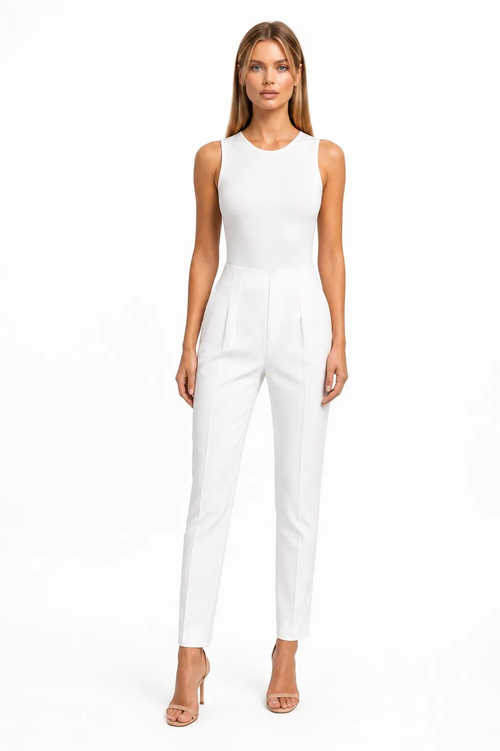 White pleated tapered trousers on a model in a contrapposto stance