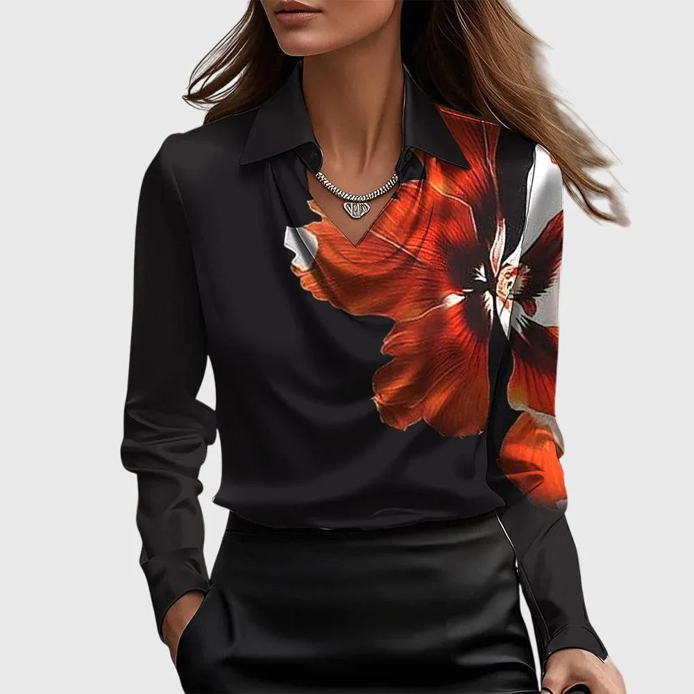 Black satin cowl neck blouse styled on model, alternate view