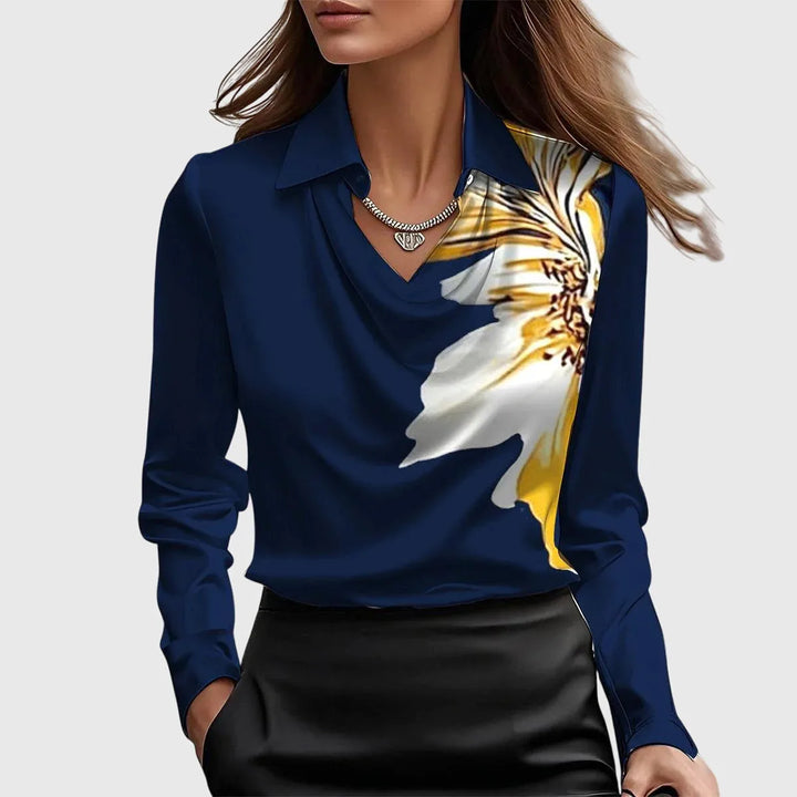 Dark blue satin cowl neck blouse on model, full-length view