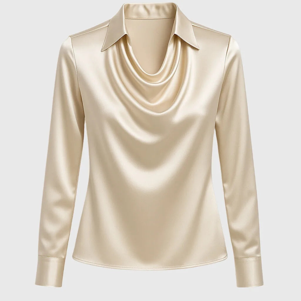 Gold satin cowl neck blouse on model, alternate full-length view