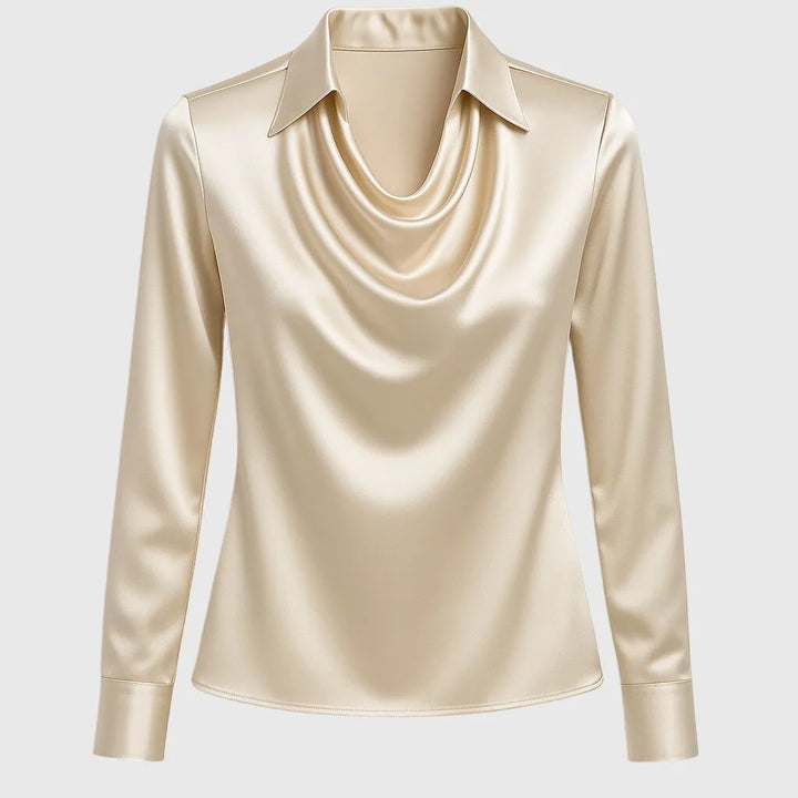 Gold satin cowl neck blouse on model, alternate full-length view