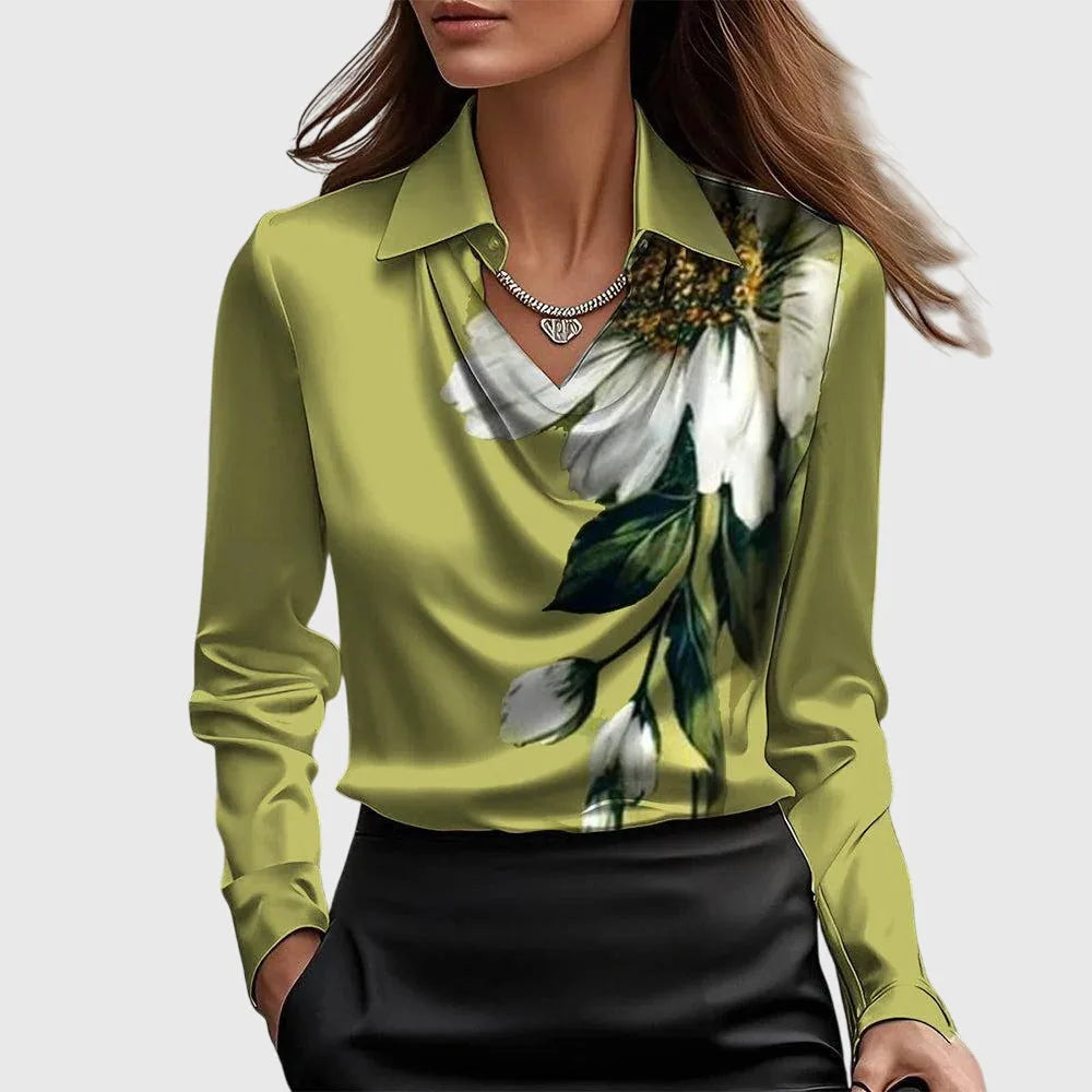 Green satin cowl neck blouse on model, full-length view