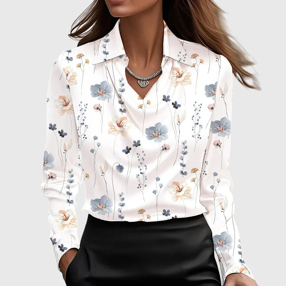 White floral satin cowl neck blouse on model, full-length view