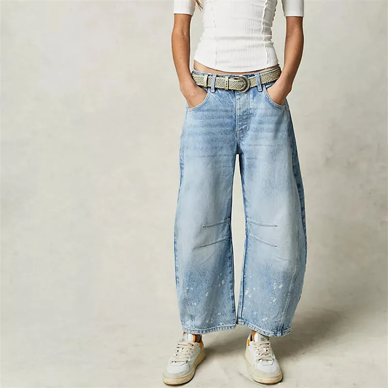 Light blue barrel leg jeans on model, full-length view emphasizing leg shape