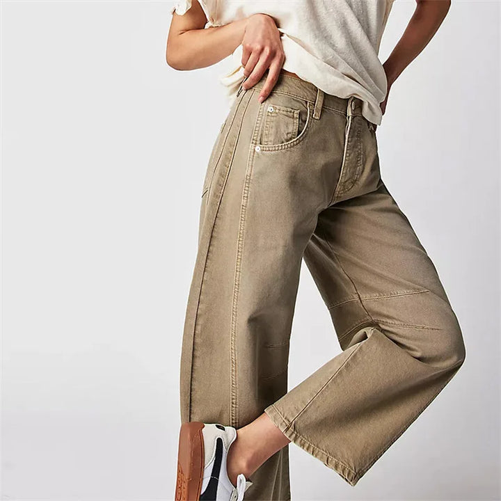 Light blue barrel leg jeans on model, full-length view from front