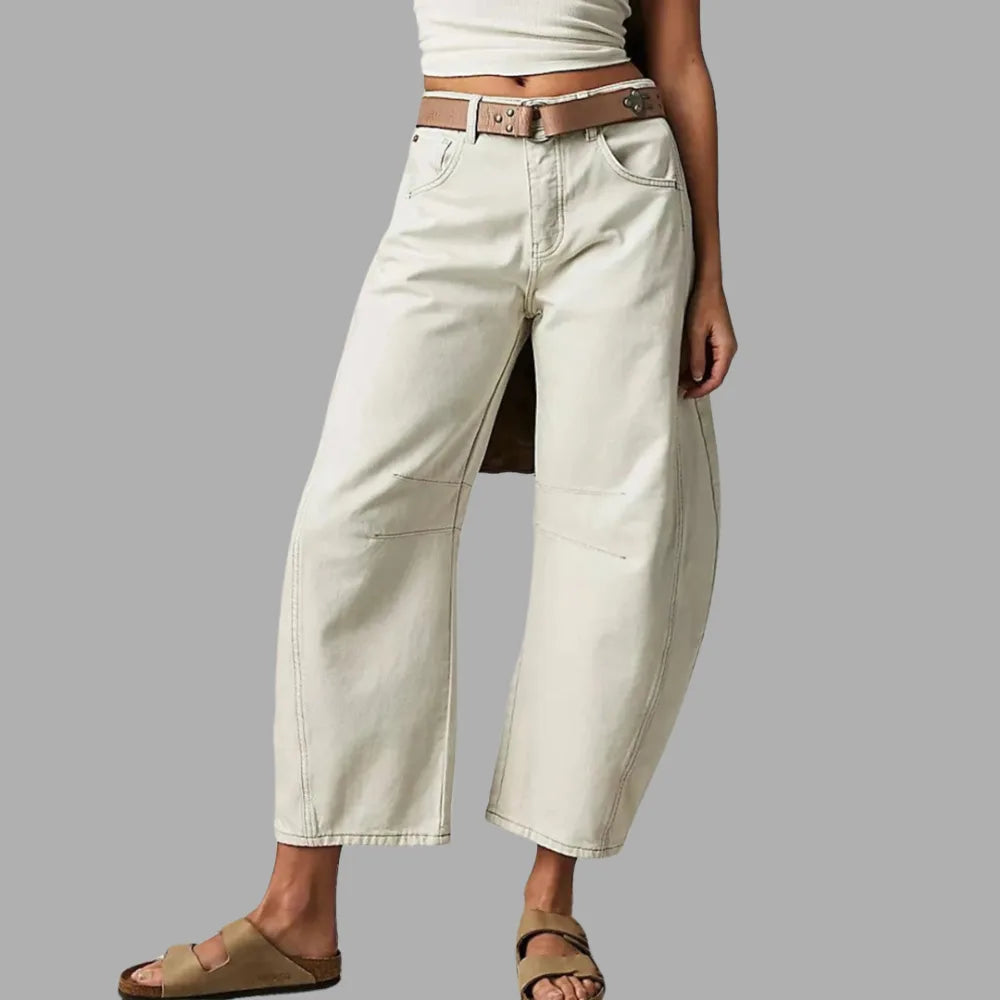 Light blue barrel leg jeans on model, full-length front view