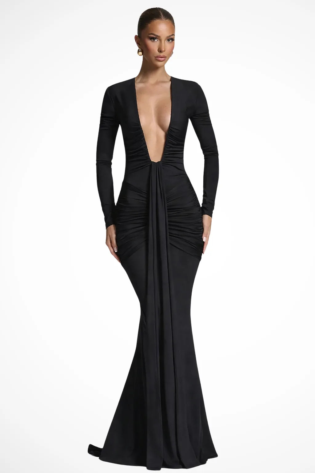 Trin | Deep V Ruched Gown
