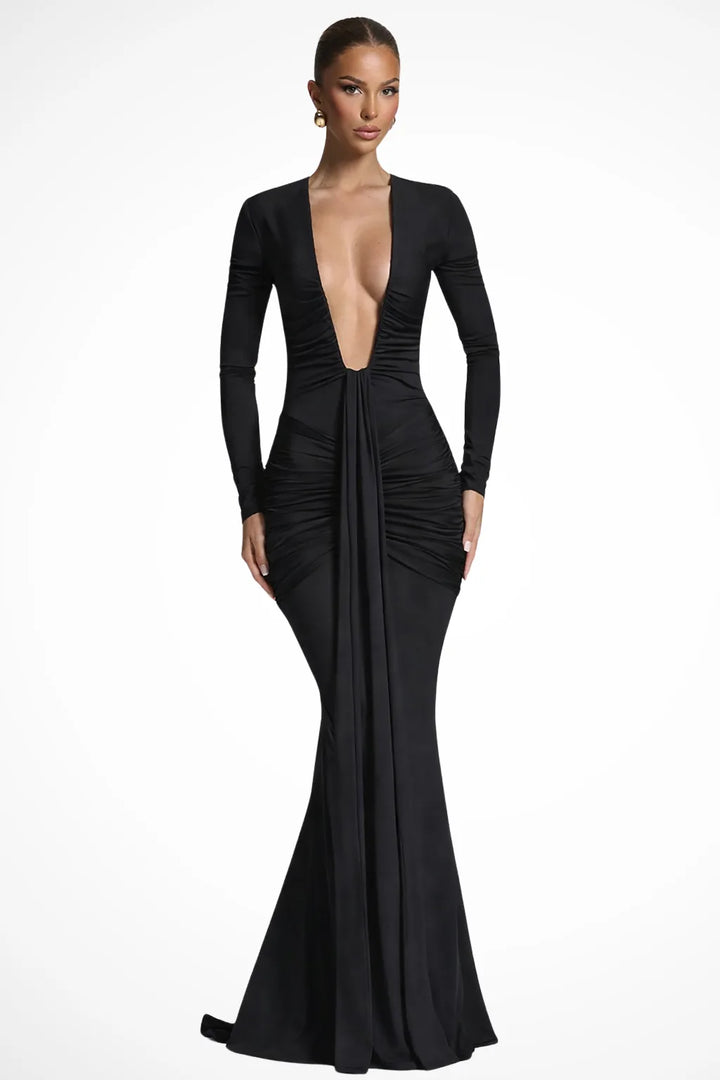 Trin | Deep V Ruched Gown